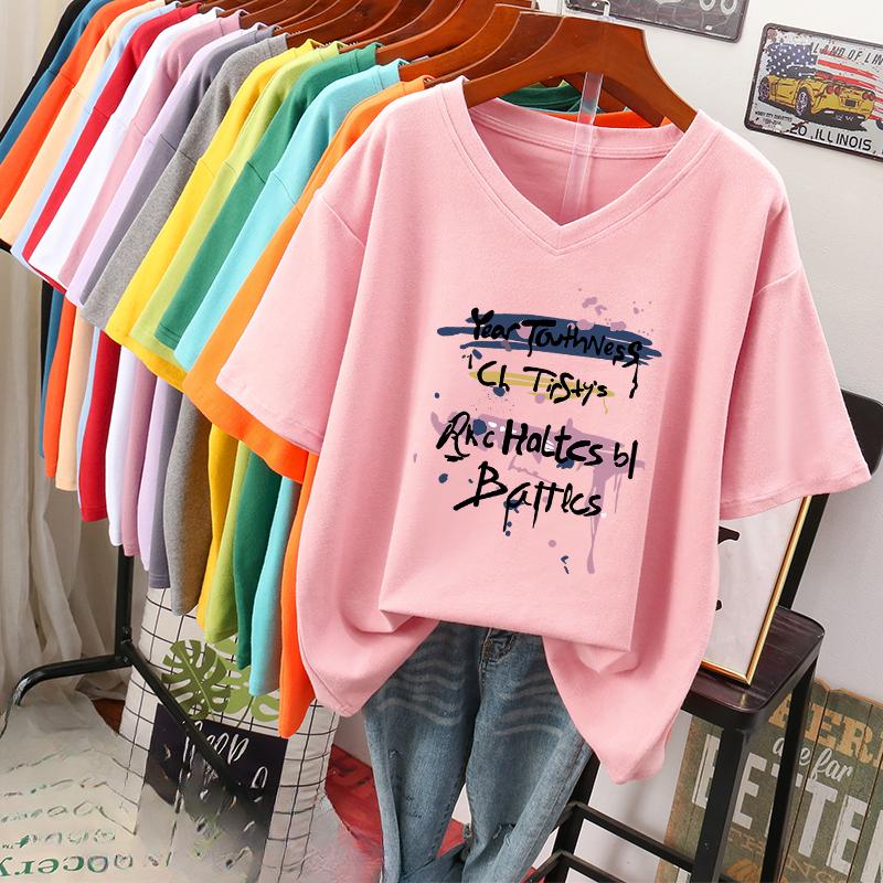 Camiseta de manga curta, Solta, Top V-neck Estampado Emagrecedor para Mulheres