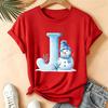 Christmas Snowman Alphabet T-Shirt Women Blue Ice Alphabet Graphic Tees Christmas Holiday Casual Red Short Sleeve Unisex Tops