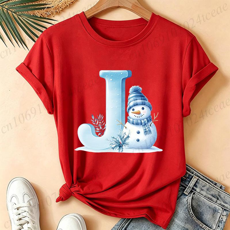 Christmas Snowman Alphabet T-Shirt Women Blue Ice Alphabet Graphic Tees Christmas Holiday Casual Red Short Sleeve Unisex Tops