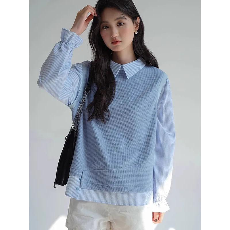 

Women s Blue Striped Patchwork Blouse Casual Waffle Knit Panel Long Sleeve Lantern Sleeve Shirt S небо синє кольору
