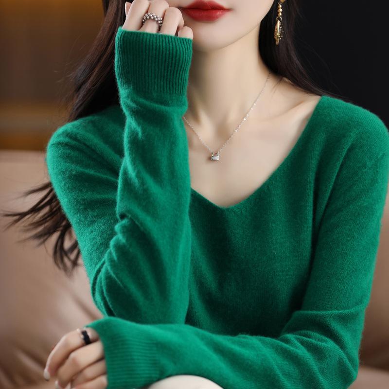 Dámský svetr podzim zima pletený svetr s výstřihem do V Košile s volným dnem jednobarevné měkké úplety svetry Základní svetry