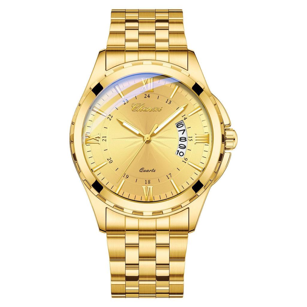 Watch Men Stainless Steel Calendar Gold 3ATM Water Resistant Luminous Analog Display Simple Fashion Quartz Watch Men Fashion Accessory - Birthday