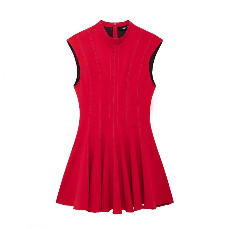

European American Women s Clothing Fashionable Round Collar Sleeveless Wave Wide Pleated Short Dress XS красный