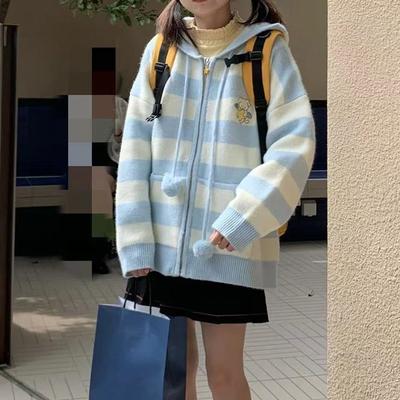 Kawaii Cartoon Bordado Cardigan de Malha Feminino Bonito Top All Match Listrado Suéter Casacos Com Capuz Casaco