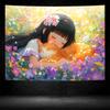 Charming Girl  Cat Tapestry  Vibrant Flowers Soft Embrace  Whimsical Scene for Cozy and Heartwarming Home Decor Wall Art