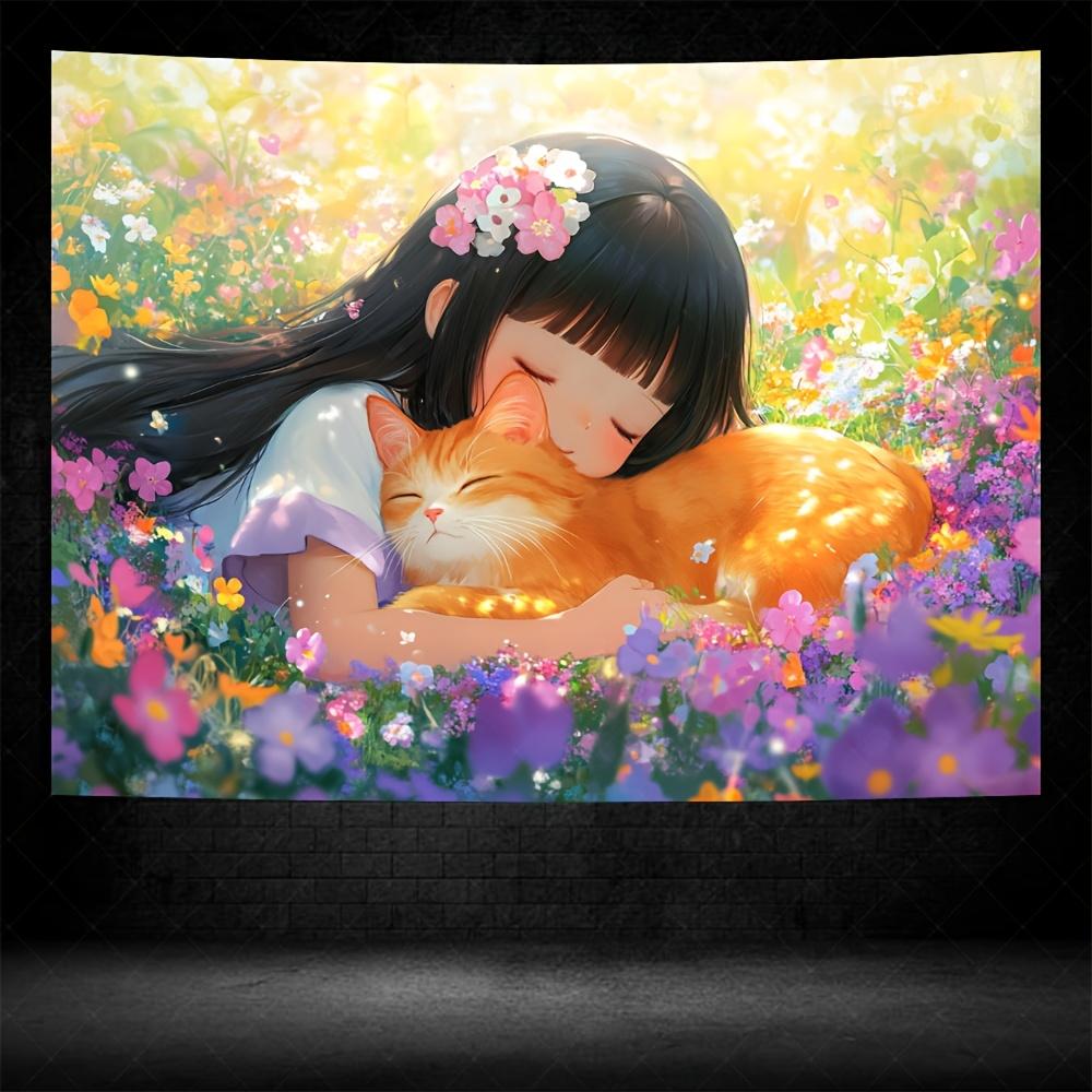 

Charming Girl Cat Tapestry Vibrant Flowers Soft Embrace Whimsical Scene for Cozy and Heartwarming Home Decor Wall Art 74x94cm(29x37in)