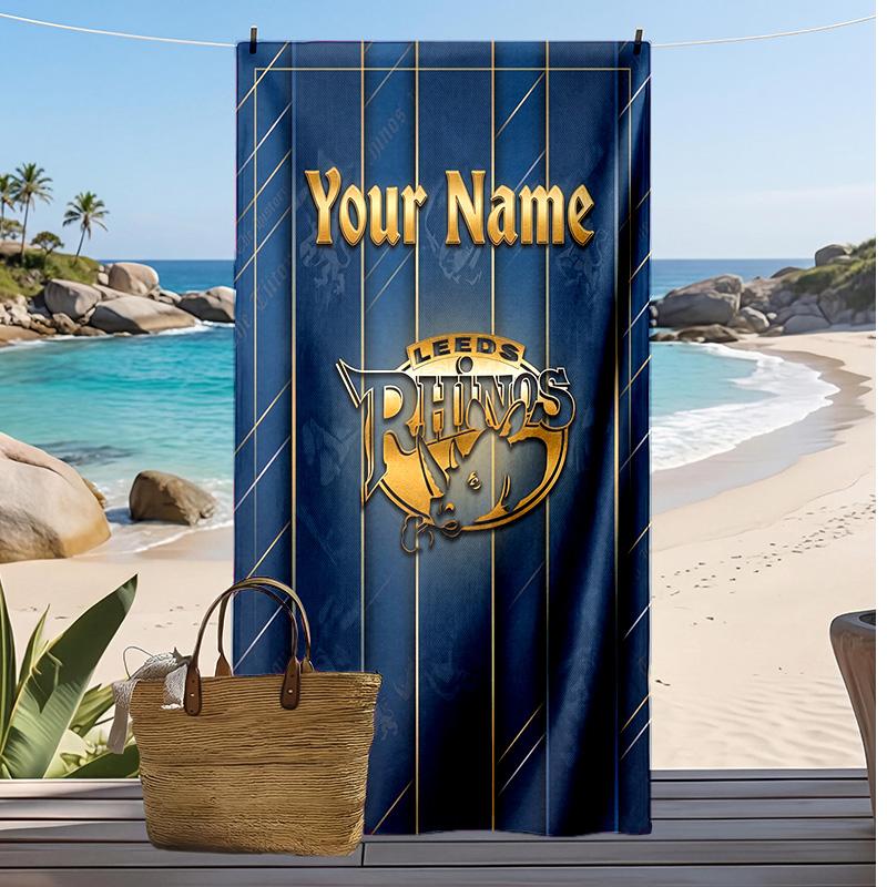 Asciugamano da Spiaggia Personalizzato Leeds Rhinos, Stampa il Tuo Nome Testo Asciugamano Leggero Assorbente per Nuoto Viaggio