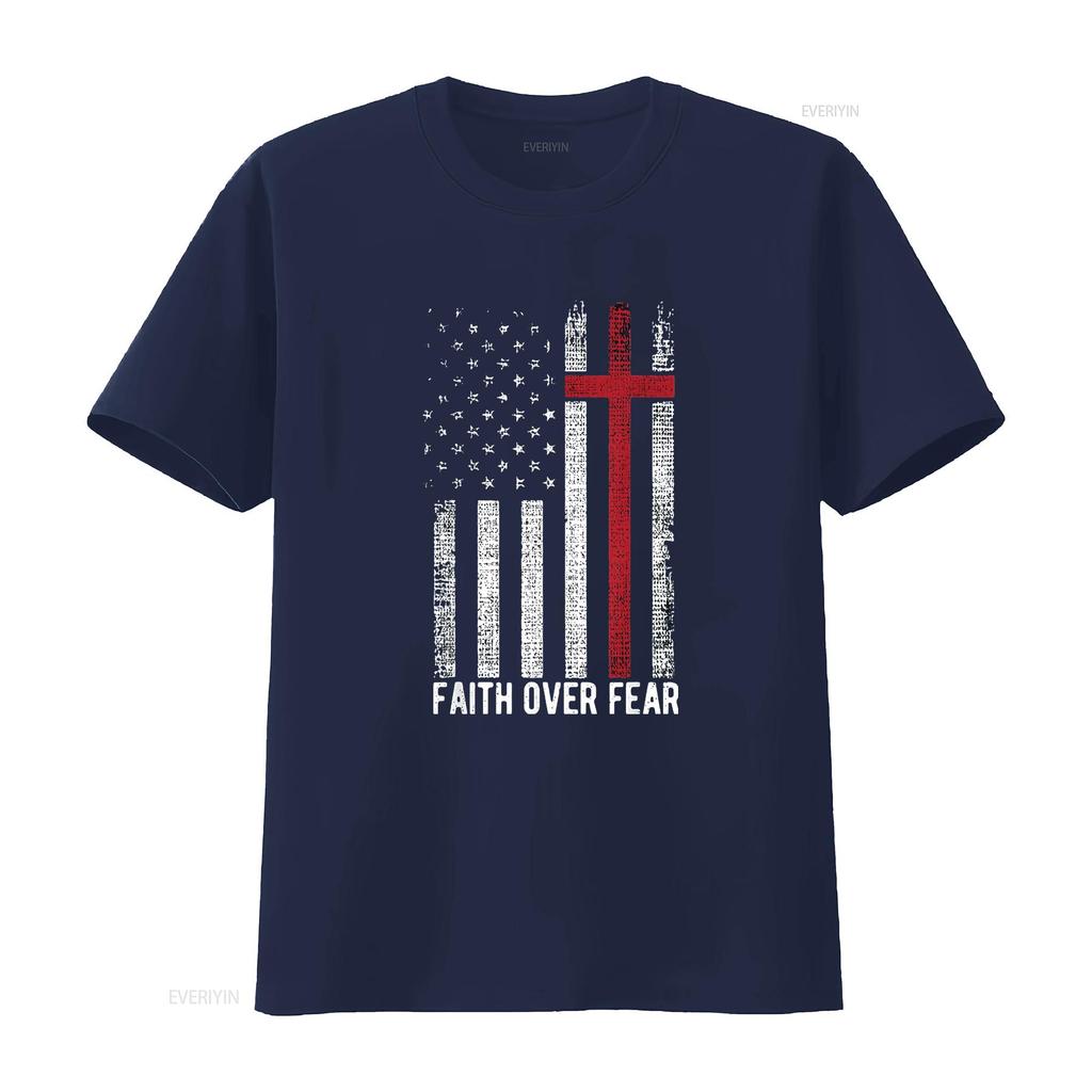 Womens Faith Over Fear American Usa Flag Christian Cross Jesus T Shirt Black 2XL vintage Washed Casual Top For Everyday Wear