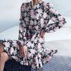 Casual Long Sleeved Ruffles Short Dress For Women Summer Elegant Slim O-neck Floral Printed Ladies Dress  Fashion Robe 26009