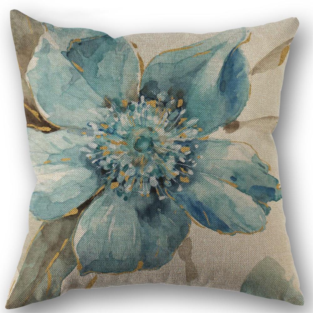 Indigold Watercolor Flower Pillow Cover Blue Bird Floral Cushion 45X45Cm Linen Pillowcase Decoration Salon Cushion Cover