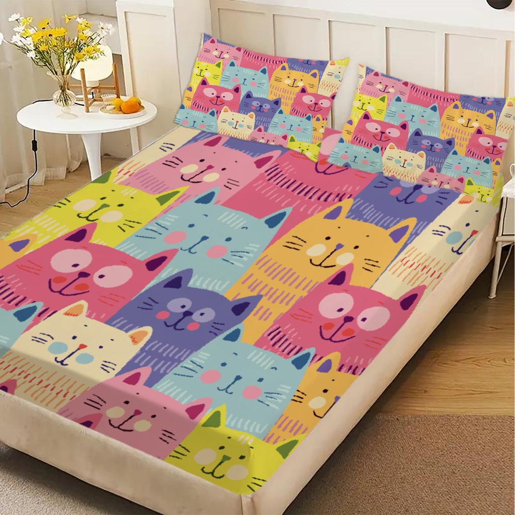 3pcs Colorful Cats Fitted Sheet Cartoon Cat Pattern 3D Print Gifts For Students Girls 100% Polyester Flat Sheet With Pillowcases