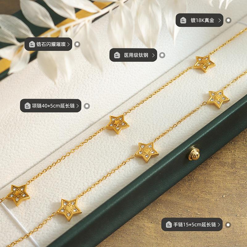 Pentagram Inkrustowany Cyrkoniami Niszowy Słodki Naszyjnik Bransoletka Stal Tytanowa Platerowana 18K Złotem Zestaw Biżuterii