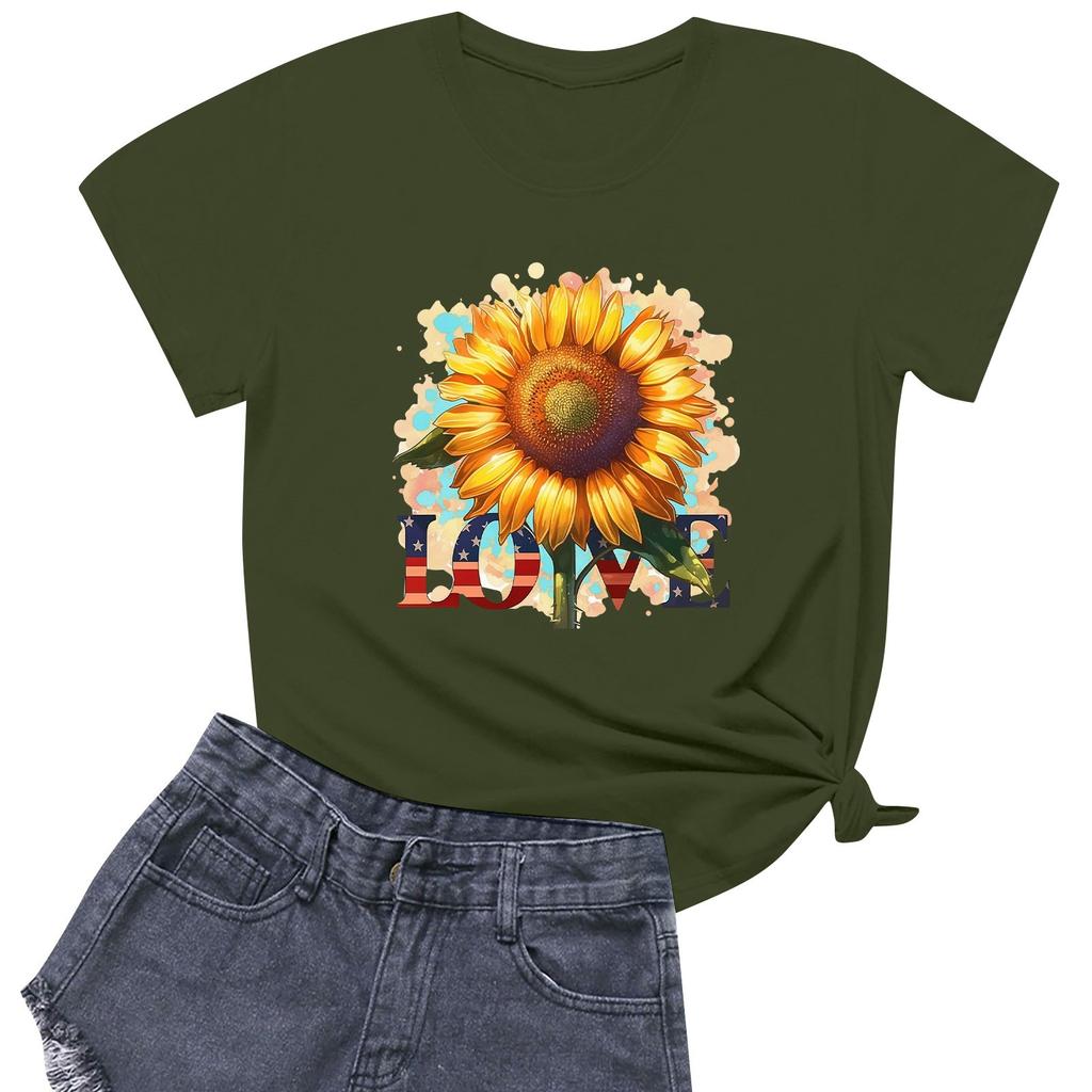Women's Fashion Independence Day  Printed Round Neck Short Sleeved Casual T-shirt Top
