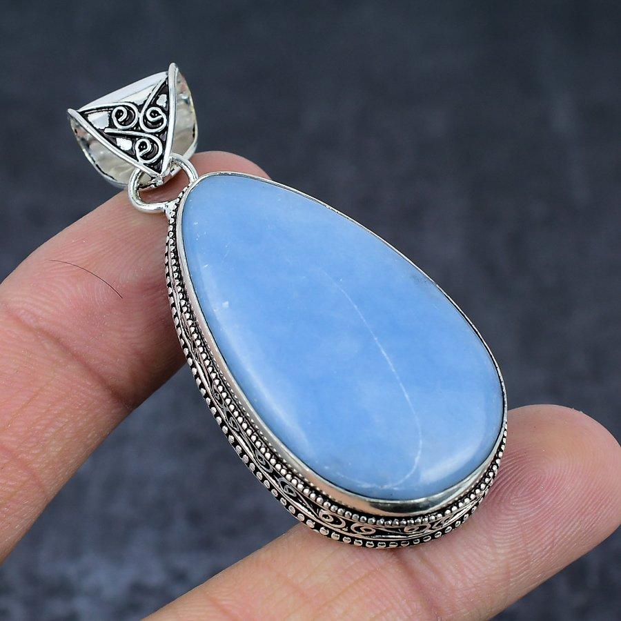 Natural Angelite Stone Gemstone 925 Sterling Silver Jewelry Pendant 2.44" f4c31