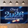 Blue Class of 2026 Graduation Backdrop, "Congratulations Graduates" with Cap and Diploma for Celebration
