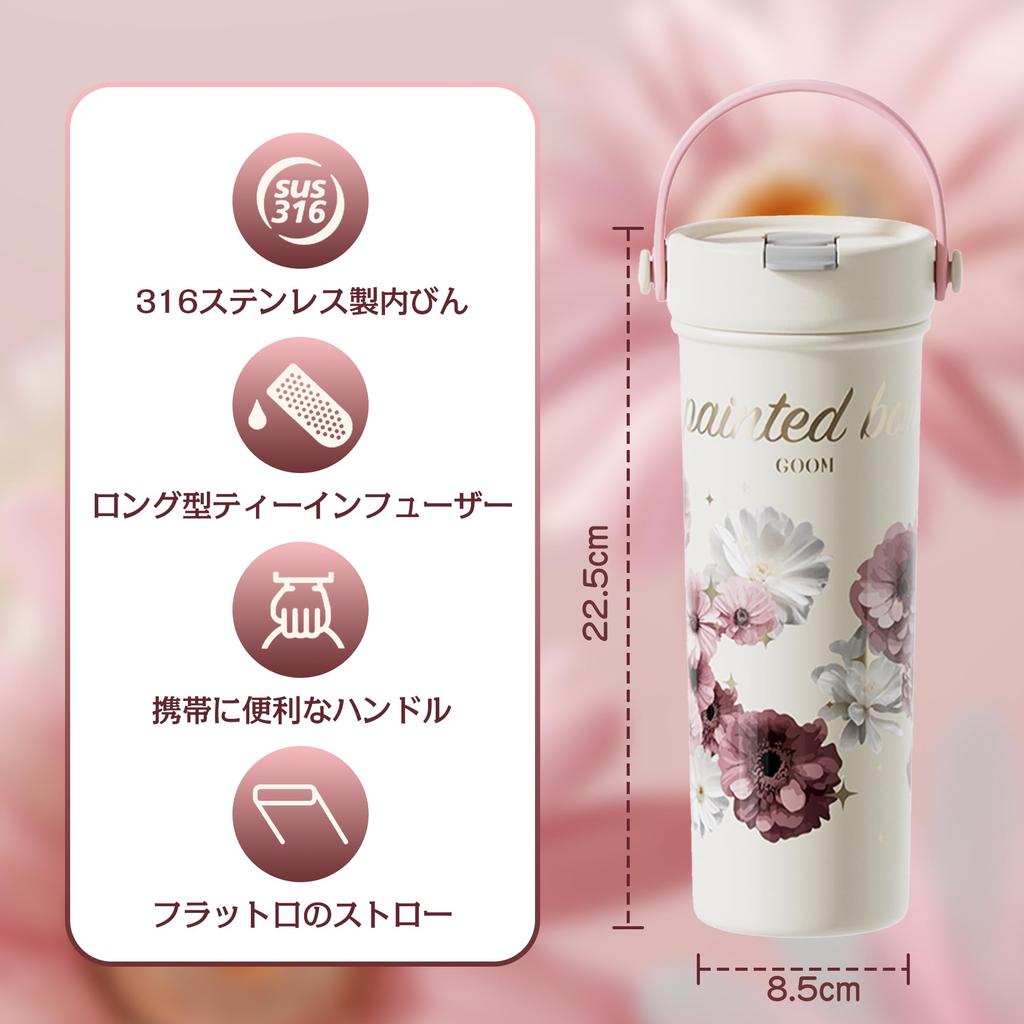 GOOM 600ml Insulated Water Bottle with 316 Stainless Vacuum Strap Tea Strainer Handwritten Stylish for Outdoors and Sports Lid, Steel, Straw,