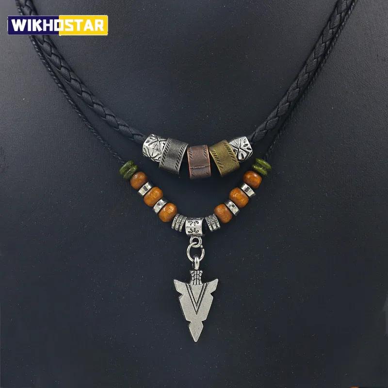 Stablet kunstskinntau Perlekjede menn Vintage lagdelt Tribal Arrow anheng halskjede for menn smykker krage Hombre