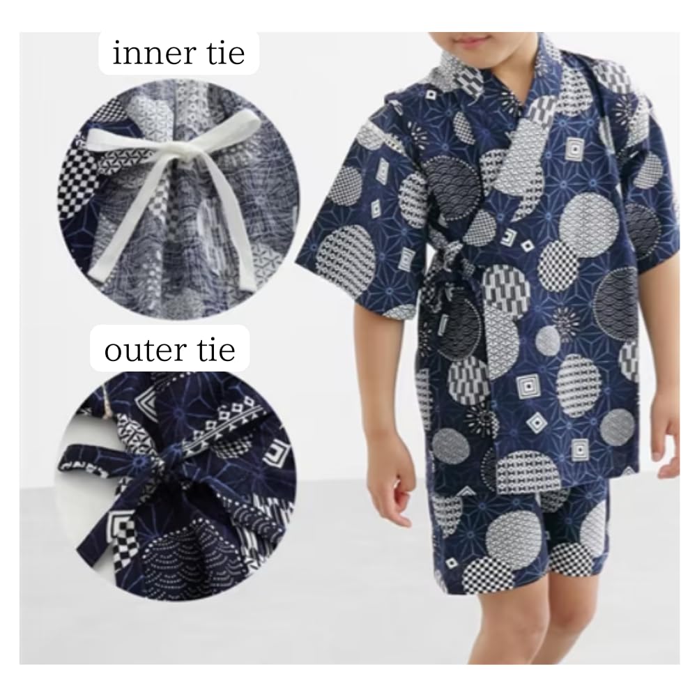 JINBEI KIDS Jinbei Yukata Dots Made with Japanese Fabric for Perfect for Summer Festivals and Evening Children's (Polka (Navy), 130cm) - Boys,