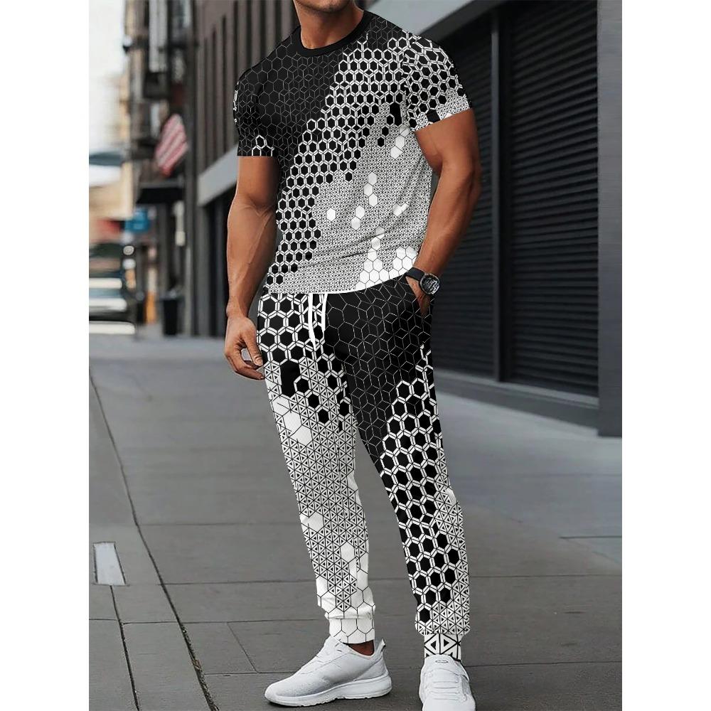 Summer New Men's Short-Sleeved Long Pants Set with 3D Pattern Printing for Street Casual Fashion Soft and Comfortable