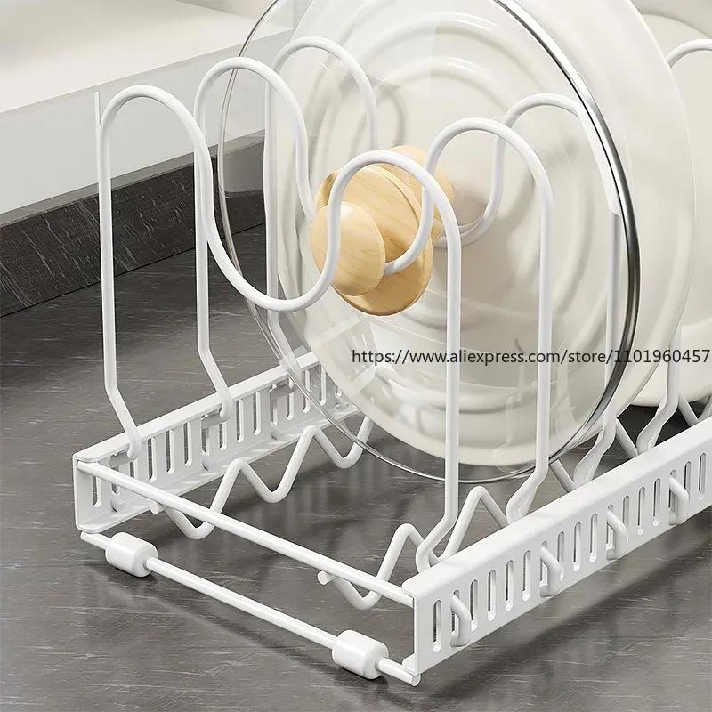 Suport de depozitare pentru vase de gătit Organizator de depozitare pentru tigaie Accesorii pentru bucătărie, bol ajustabil pentru vase Raft de uscare multifuncțional