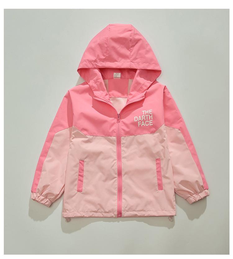 Girls' Spring and Autumn Color Block Windbreaker: Children's Fashionable Hooded Jacket