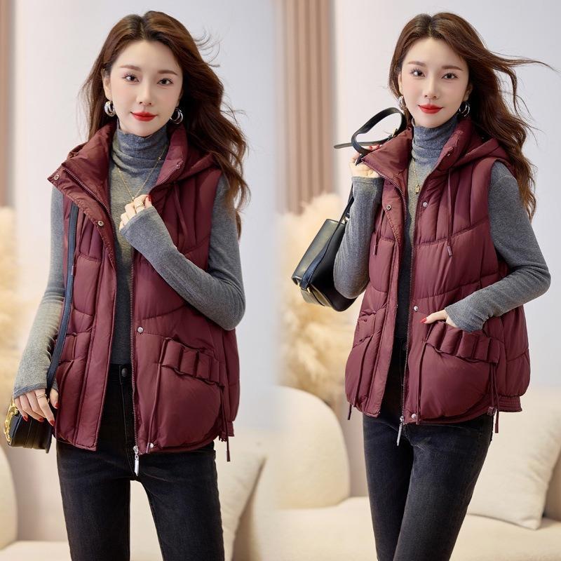 Short Hooded Down Cotton Vest Women's Autumn and Winter New Loose Versatile Cotton Vest Outer Wear Cotton Vest