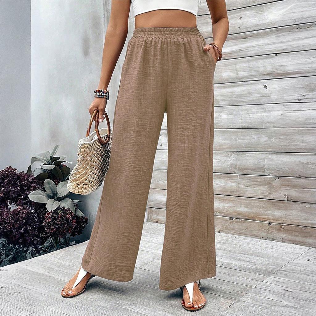 Ladies' Fashion Elastic Waist Casual Solid Color Texture Wide Leg Pants Low Waist Pants