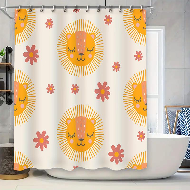 

Adorable Lion Face Shower Curtain with Floral Design Waterproof Bathroom Decor for Kids Bedroom, White Background, Polyester Fab 90x180cm