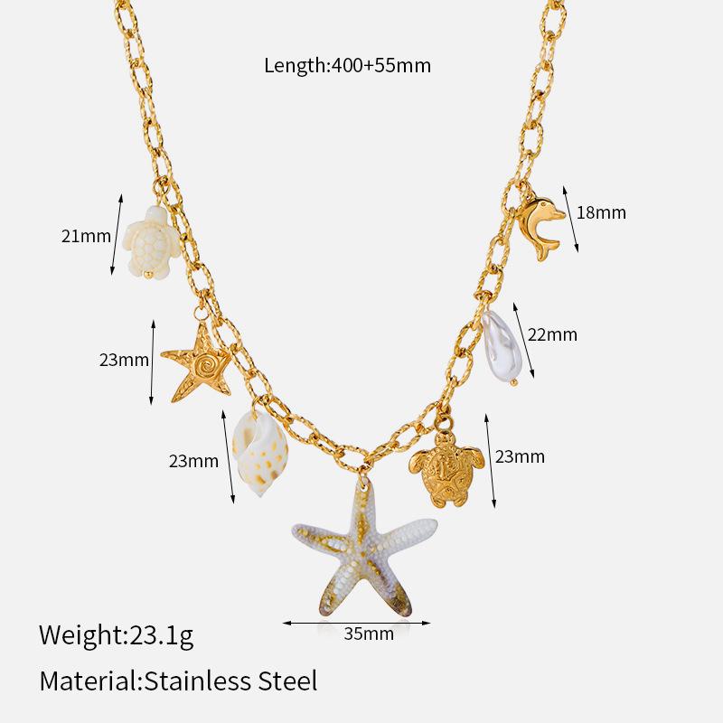 European and American fashion ocean style multi-element necklace shell starfish pendant light luxury niche stainless steel necklace women's necklace