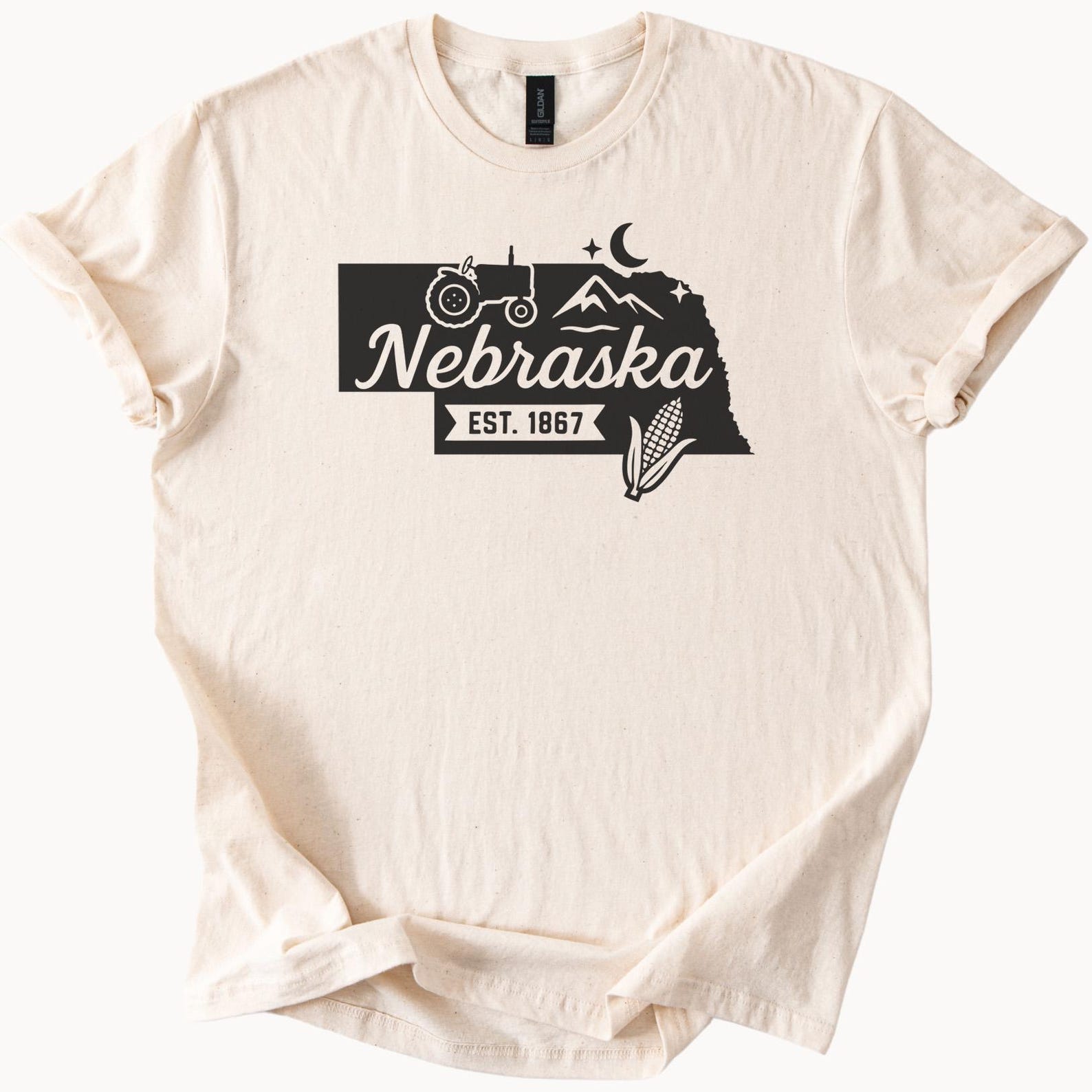 Nebraska State Graphic T Shirt Tractor Corn Mountains Moon Star Farm Retro Inspired Nebraska Map Est 1867 Soft Comfortable Tee 140