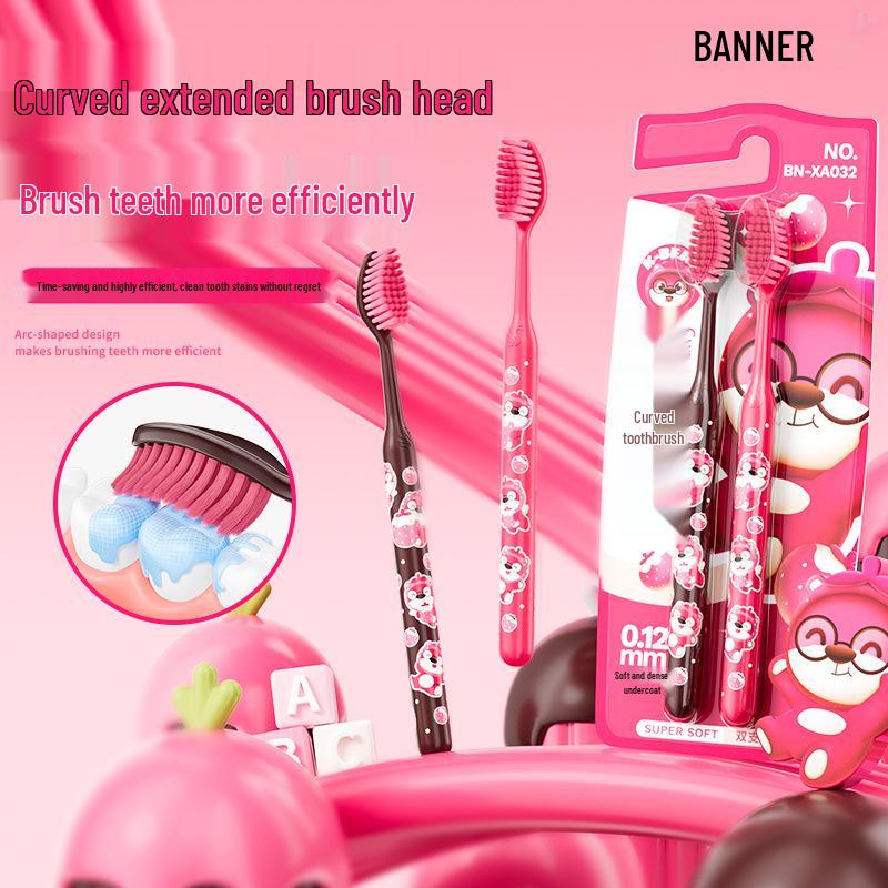 Benou Curved Adult Toothbrush Set - Cute Strawberry/Bear Design, Soft Bristles, Gum Protection, Two-Piece.