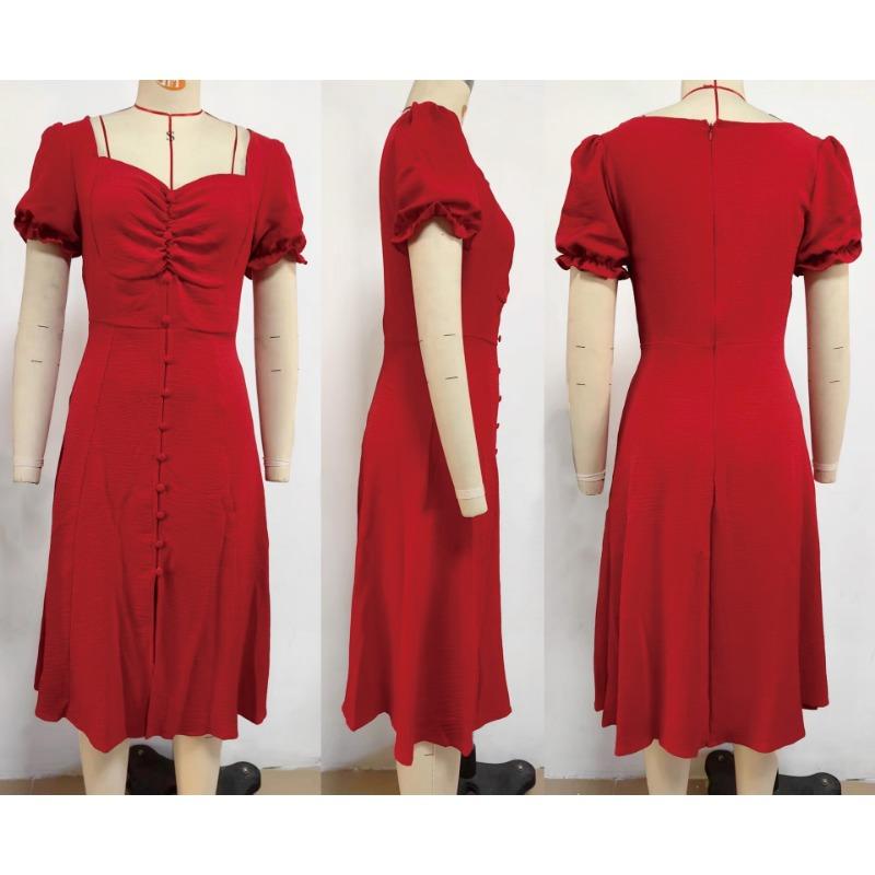 Women's Spring and Summer V-neck Single Breasted Temperament In The Long Dress