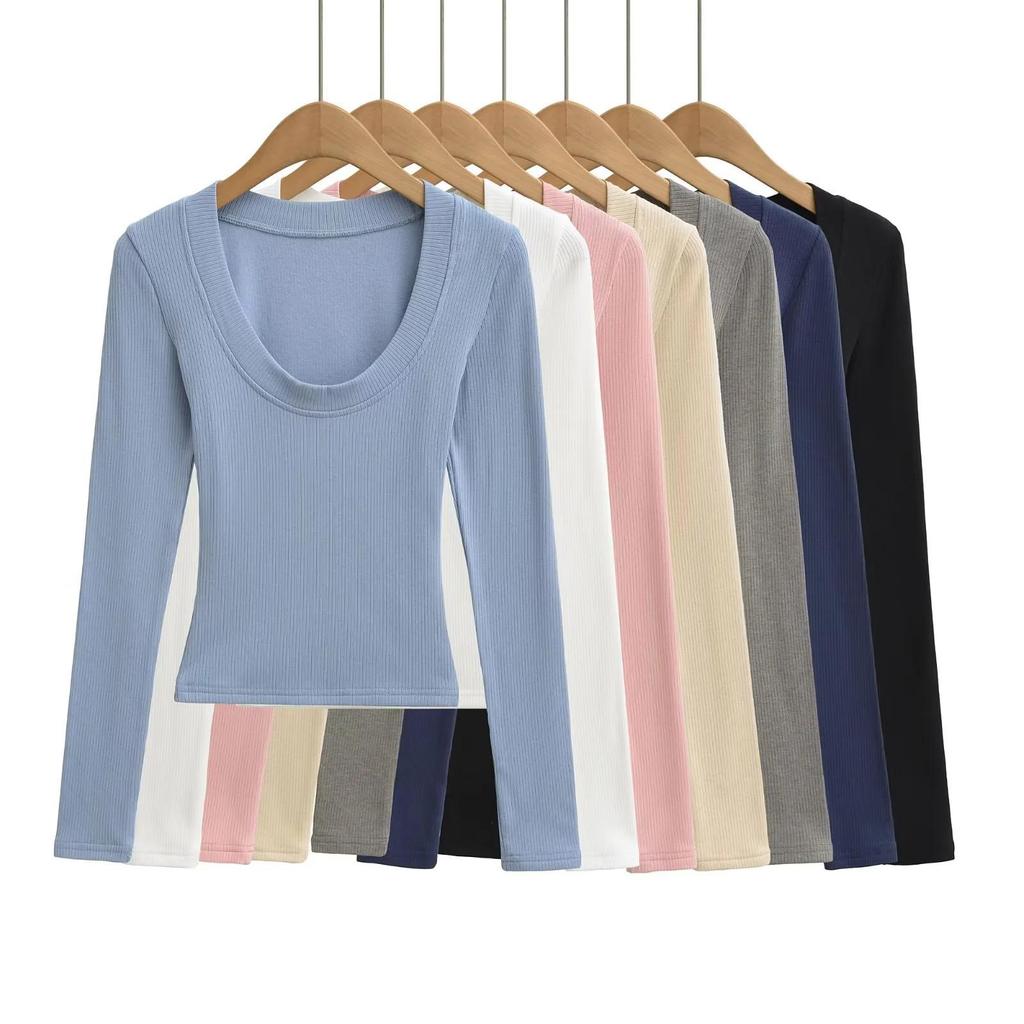 Kardashian Minimalist Velvet U-Neck Slim-Fit Cotton T-Shirt for Women