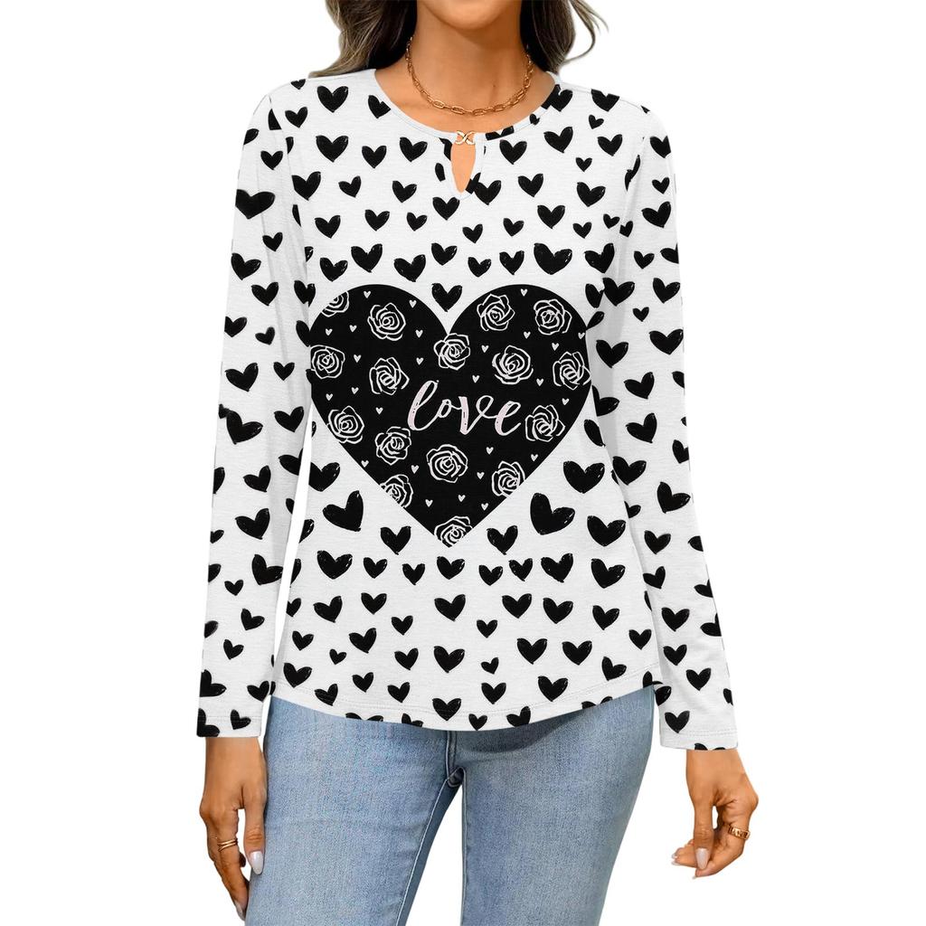 Women's Casual Round Neck Hollow,out Pullover Long Sleeve Valentine's Day Heart Print T,shirt Top