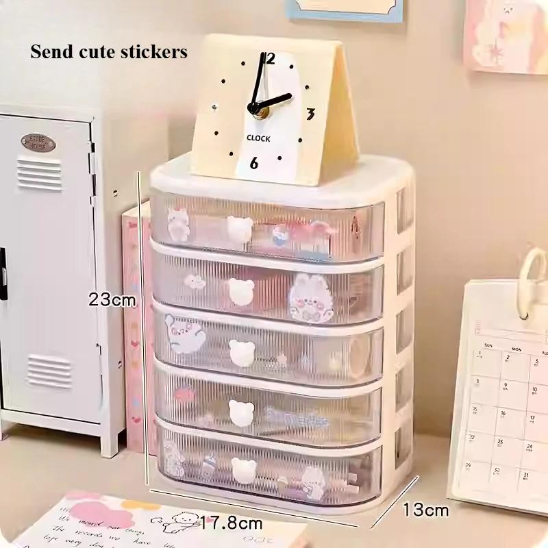 Desktop Storage Box Student Stationery Desk Multi-layer Organizer Clear Drawer with Cute Stickers Accessories Organizer Rack