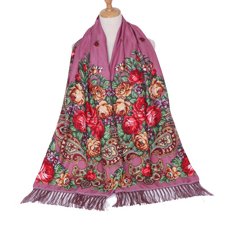 Scarf Women Flower Shawl Autumn And Winter Foulard Warmth Vintage Tassel Hijab Warp Printed Headscarf Bandana