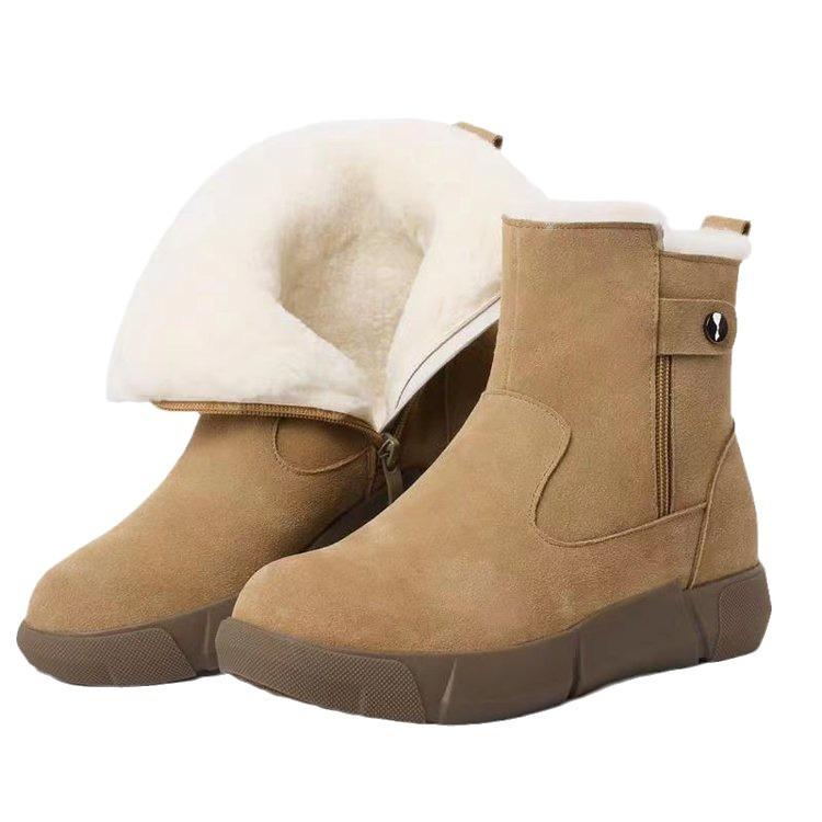 Snow Boots Women's Fur Integrated Winter New Retro Suede Flat Heel Thick Sole Warm Short Boots Cotton Shoes Women