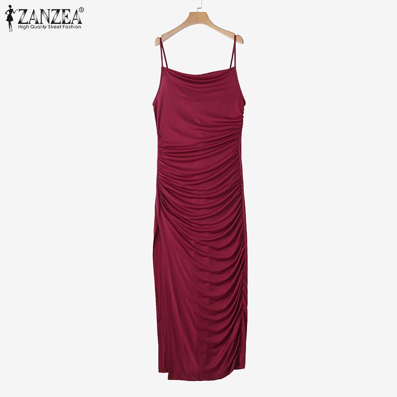 ZANZEA Rochie Lungă Elegantă de Damă cu Gât Drapaj, Sexy, fără Mâneci, Tip Slip