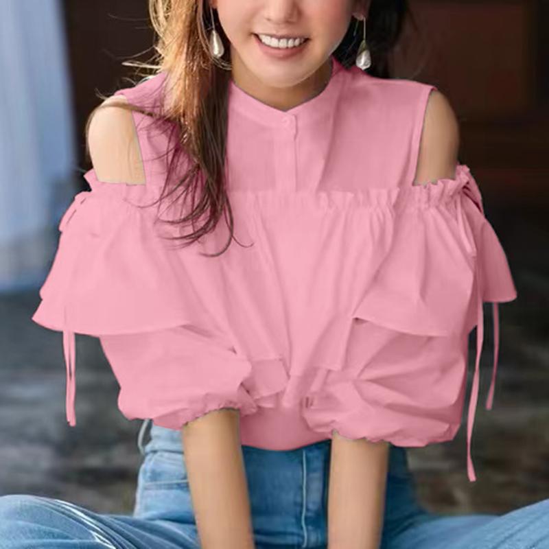 

VONDA Женские повседневные блузки с круглым вырезом и открытыми плечами, однотонные, с длинным рукавом S розовый