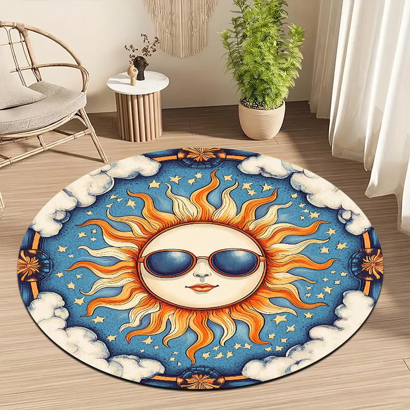 Sun Cartoon Style Theme Flannel-printed round floor mats are slip-resistant Suitable living room bedroom terrace garden carpets