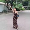 Vintage Check Mesh Suspender Dress Female Temperament V-neck Waist Slimming Backless Sleeveless Long