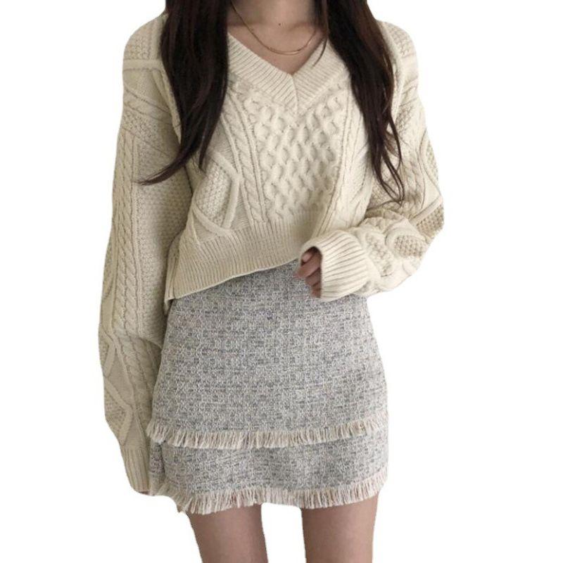 New Arrival Fall and Winter Korean Style Chic Fashionable Retro Hemp Pattern Back Strap Japanese Lazy Style All-Matching Knitted Sweater