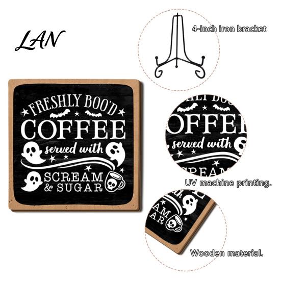 Desktop Ornaments for Home Halloween Coffee Bar Wooden Sign with Iron Display Stand Corner Small Plaques Counter Tabletop Decor, Rustic Wood