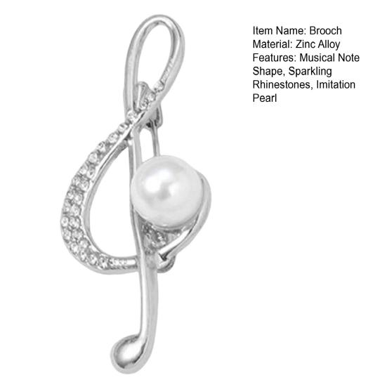 Musical Note Shape Brooch Pin, Imitation Pearl Rhinestones Inlaid Lapel Badge for Dress, Coat, Shawl, Gift for Mother, Wedding