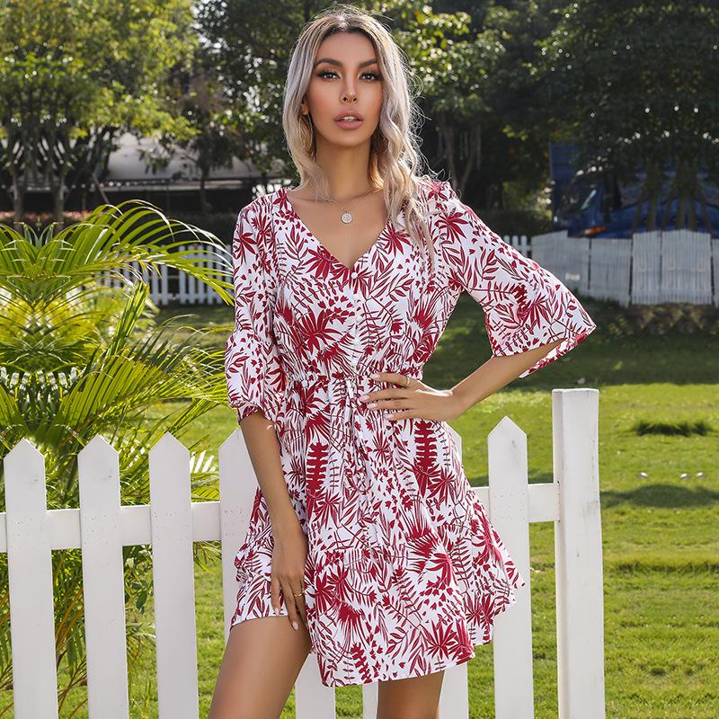 

Vacation Women s Tropical Plant Print Short Sleeve V-Neck Dress S бордовий