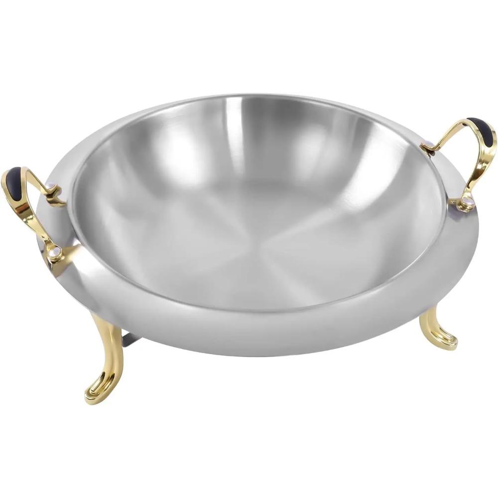 3L Round Buffet Chafing Dish, Stainless Steel/Glass Lid, Gold Handle, Gel Fuel Heater