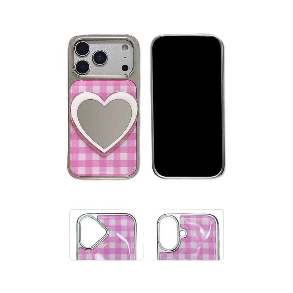 Pink Plaid Heart Mirror Phone Case for iPhone 6/7 Pro Max - Japanese Korean Style