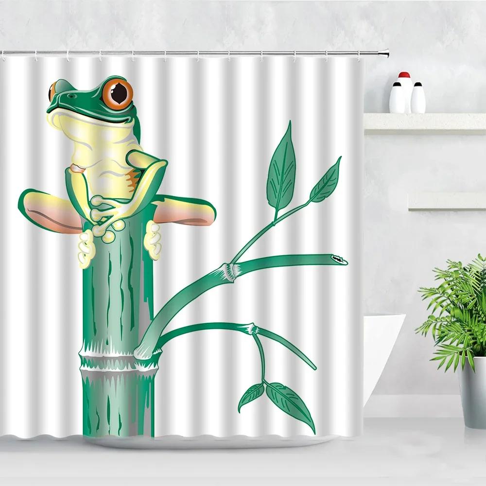 Lustige Frosch Cartoon Duschvorhangsets Blatt Tier Kreativ Kinder Badezimmer Dekor Wasserdichter Stoff Zuhause Haken Badvorhänge