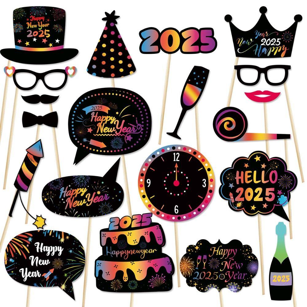 20pcs Colorful 2025 New Year Photo Booth Props Cartoon Happy New Year Decor  Birthday Party Supplies