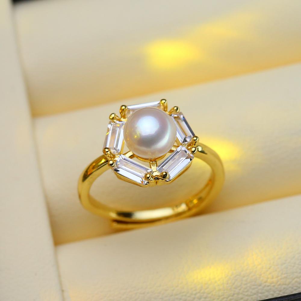 seniko Anelli di perle d'acqua dolce naturali per le donne Moda femminile Cubic Zirconia CZ Anello fiore Anello regolabile per gioielli con perle